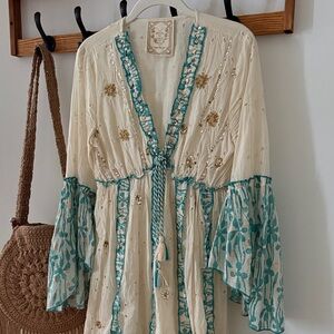 Boho Embroidered Cream & Teal Maxi Dress